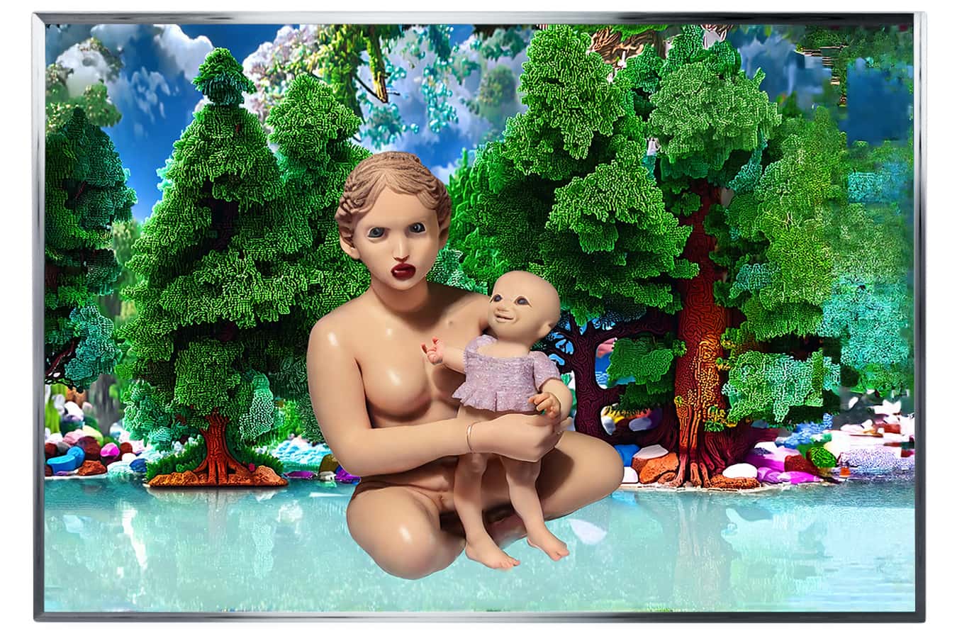 Framed digital composite of a classical female figure holding a doll-like child before a stylised forest