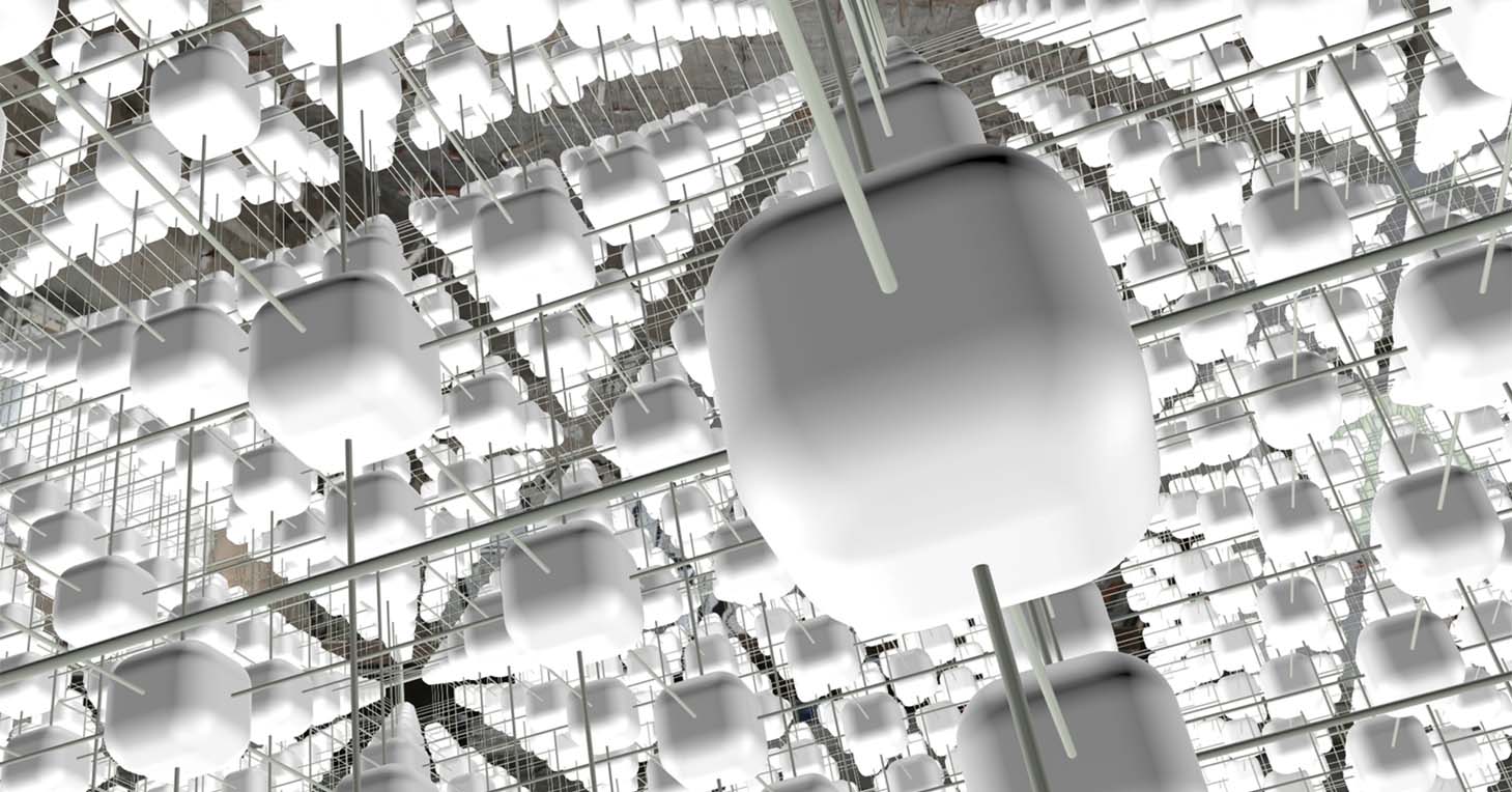 Film still of rows of identical rendered capsule shapes hanging in a repeating grid