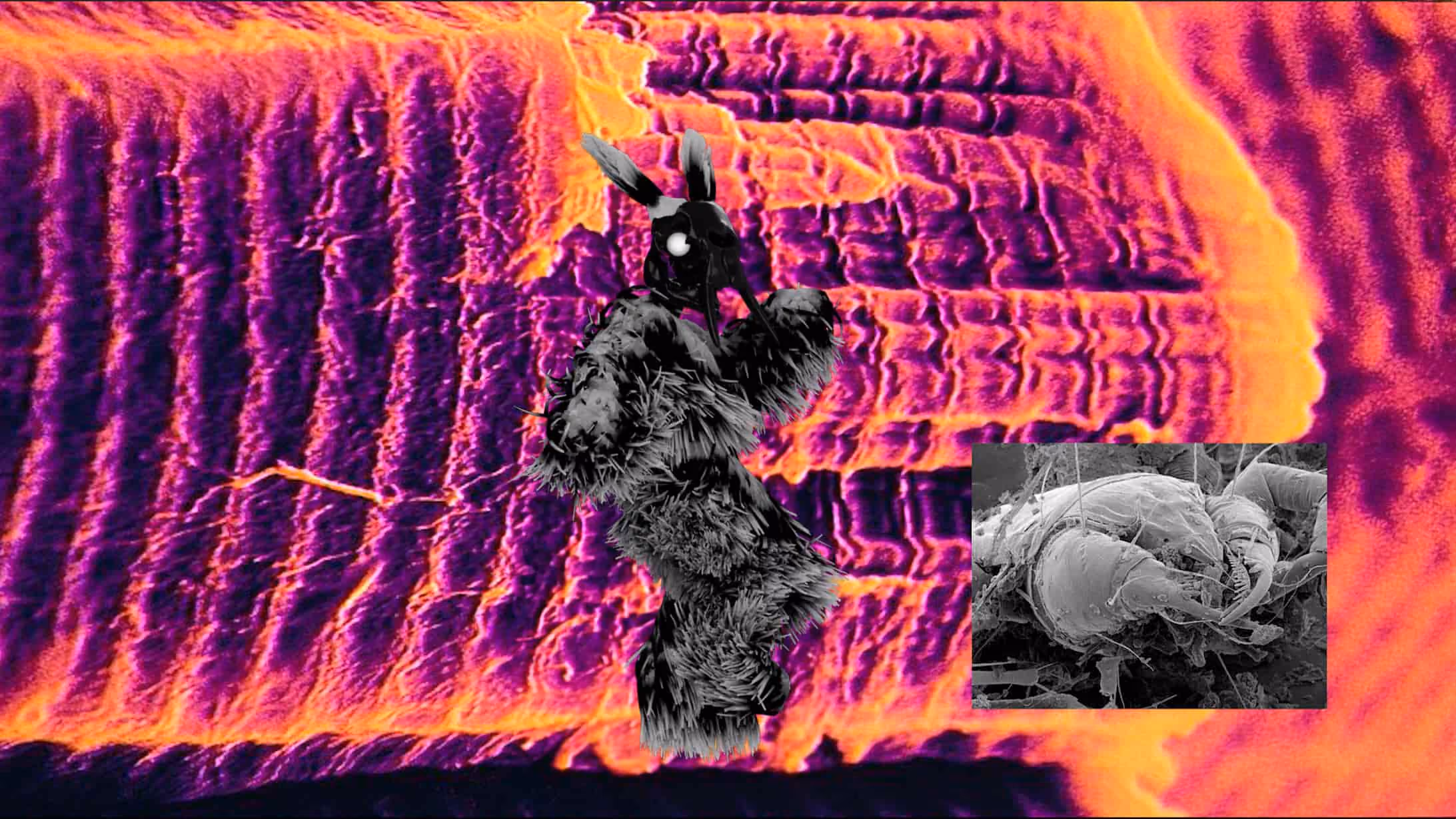 Film still combining a thermal-textured backdrop, a small furred creature, and a microscope image of a mite