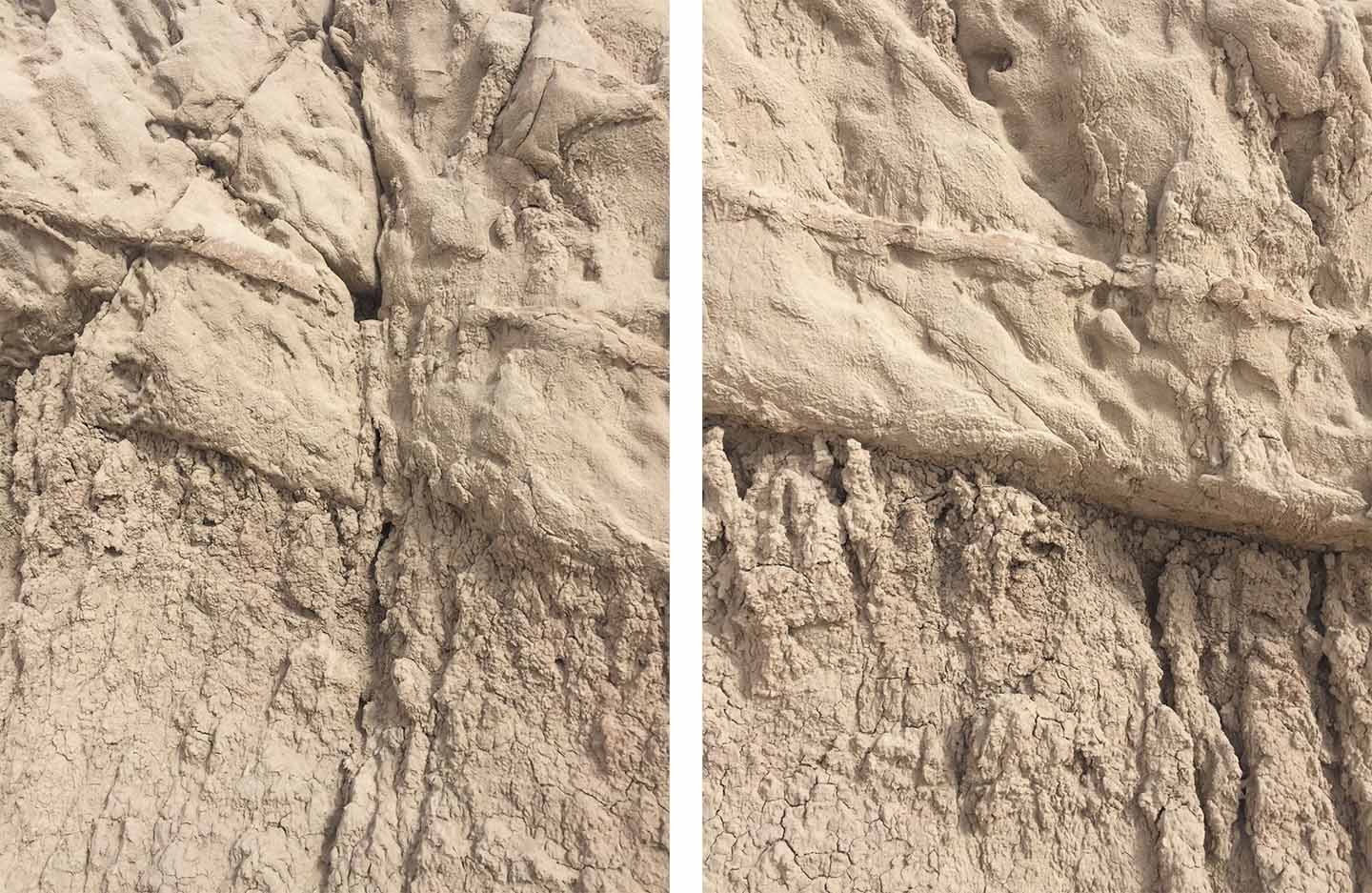 Close-up diptych of cracked, wind-eroded mud rock texture