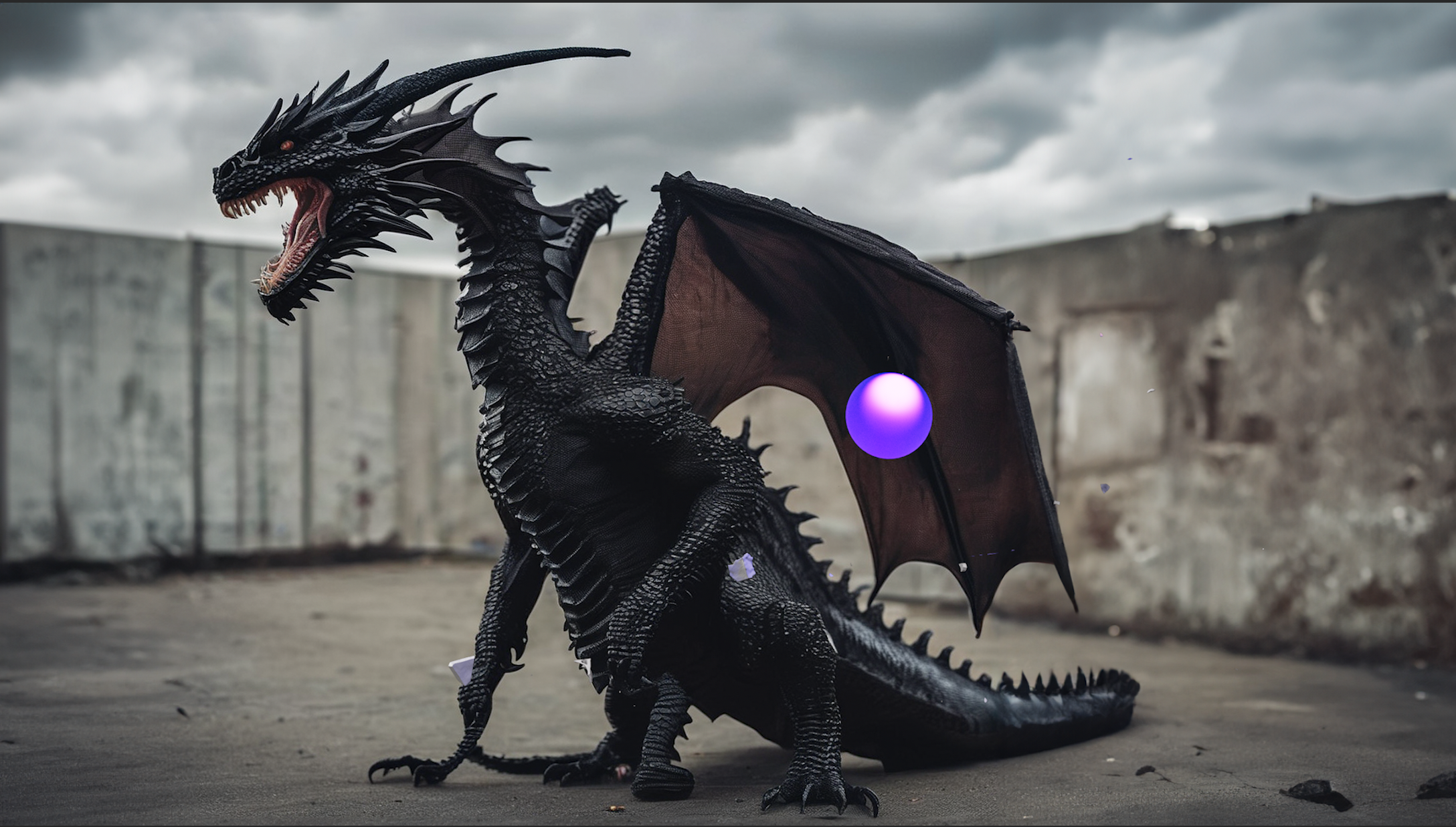 Film still of a black armoured dragon roaring amid urban rubble, with a glowing purple orb