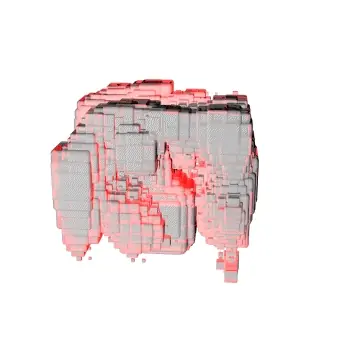 Animated blocky voxel structure with glowing red fractures